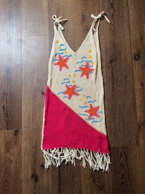 Adorable vintage knit cream and pink beach cover up with starfish motifs